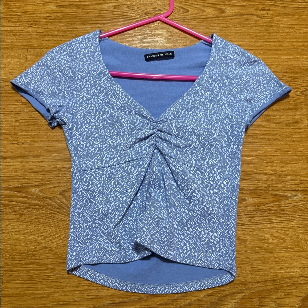 Brandy Melville Blue Patterned V-Neck Tee